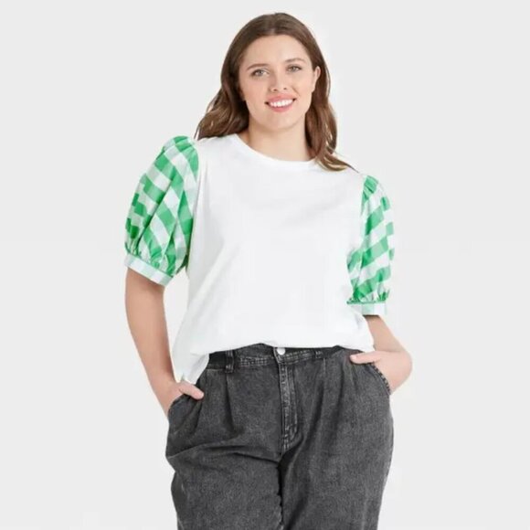 Who What Wear Tops - Who What Wear Green White Cotton Puff Elbow Sleeve T-Shirt Plus 3X